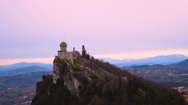 Panoramisch Uitzicht Het Oude Middeleeuwse Fort Van San Marino Een — Stockvideo