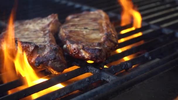 Steak Kochen Auf Grill Zeitlupe — Stockvideo