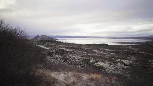 Lento Empuje Hacia Agua Través Sendero Rocoso Reikiavik Islandia Con — Vídeos de Stock