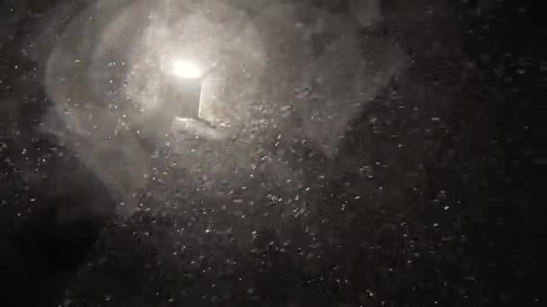 Heftiger Schneefall Fällt Und Weht Unter Einer Straßenlaterne — Stockvideo