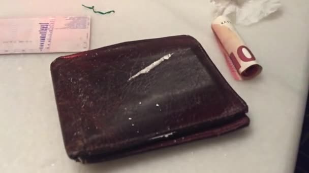 Black Leather Wallet Line Cocaine Marble Surface Bathroom Furniture Driving — Stock Video