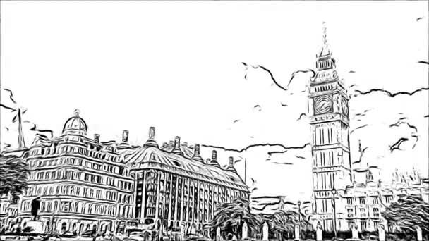 Czarno Biała Animacja Big Ben London — Wideo stockowe