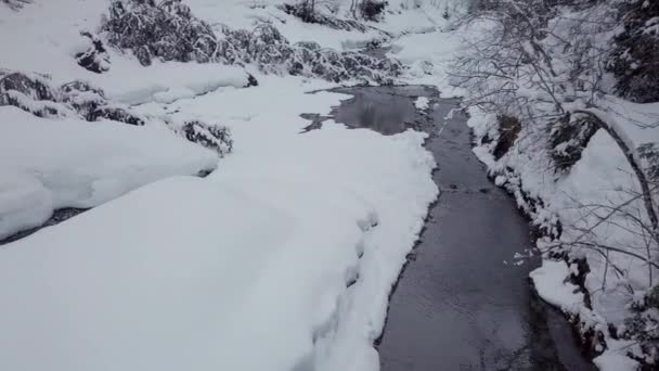 在阿尔卑斯山的一个白雪小山谷里 有人在小溪上飞来飞去 冬季仙境 — 图库视频影像