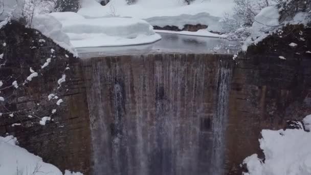 Winter Wonderland Creek Snowy Valley Alps Drone Descending Front Waterfall — Stockvideo