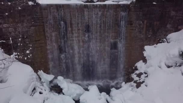 Winter Wonderland Creek Snowy Valley Alps Drone Going Front Waterfall — Video