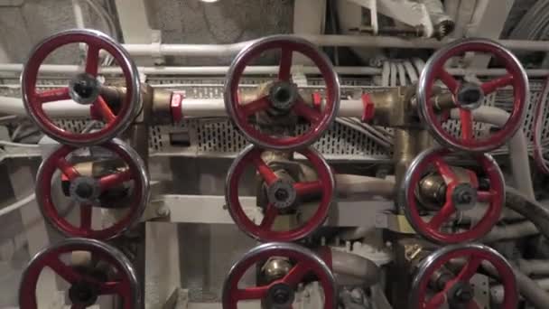 Old Red Valves Complicated Metal Piping Pedestal Shot — Video