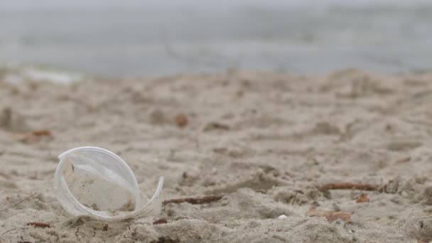 Main Homme Soulevant Une Tasse Plastique Vide Sur Plage Environnementaliste — Video