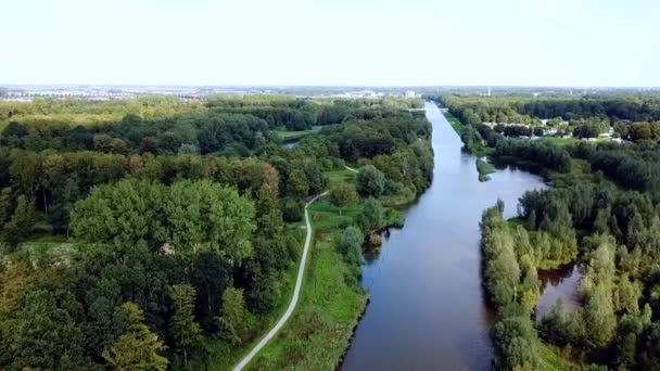 Drone Flying Canal Forest Village Background Dronten Netherlands — Vídeos de Stock