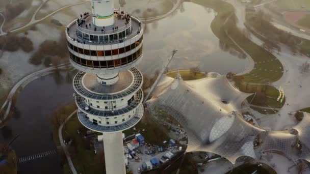 Aerial Shot Olympiaturm Tower Munich Germany — Vídeos de Stock