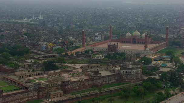 Lahore Pakistan Drone Uitzicht Wereldberoemde Badshahi Moskee Lal Qillla Tempel — Stockvideo