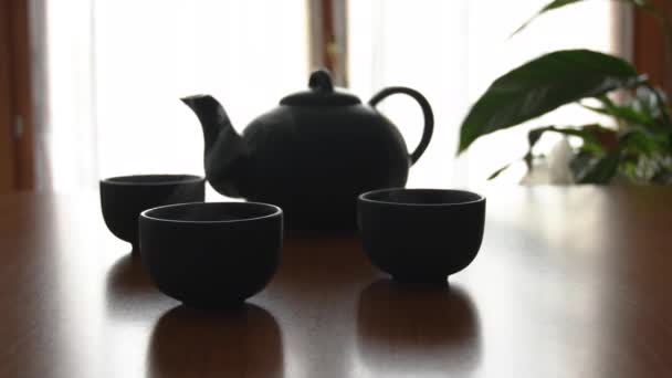 Minimal Background Green Japanese Tea Set Steam Coming Out Cups — Stockvideo