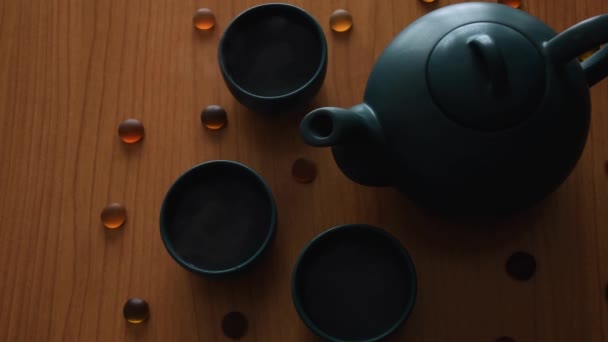 Minimal Background Green Japanese Tea Set Steam Coming Out Cups — Stockvideo