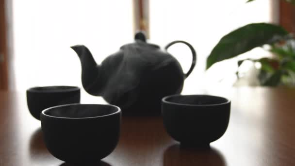 Minimal Background Green Japanese Tea Set Steam Coming Out Cups — Stockvideo