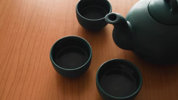 Minimal Background Green Japanese Tea Set Steam Coming Out Cups — Video Stock
