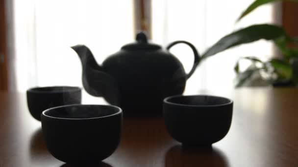 Minimal Background Green Japanese Tea Set Steam Coming Out Cups — Video