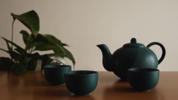 Minimal Background Green Japanese Tea Set Steam Coming Out Cups — Stockvideo