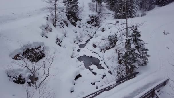 Winter Wonderland Snowy Valley Creek Alps Drone Descending Front Bridge — Videoclip de stoc