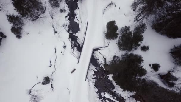 Aerial View Small Bridge Creek Snowy Valley Alps Kleinwalsertal Austria — Video
