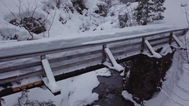 Winter Wonderland Snowy Valley Creek Alps Drone Descending Front Bridge — 图库视频影像