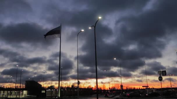Majestic Sunset Lots Dark Clouds Slowly Moving Wind Flag Waving — Stockvideo