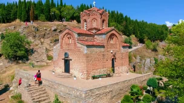 Macedonia Landmark Historic Orthodox Church Lake Ohrid Inglés Disparo Aéreo — Vídeo de stock