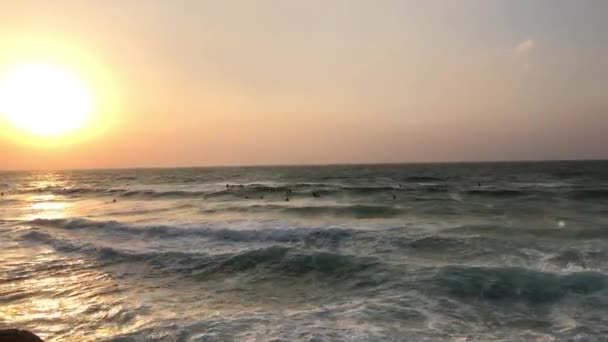 Wide Shot Surfers Waiting Ocean Perfect Wave Tel Aviv Israel — Stock Video