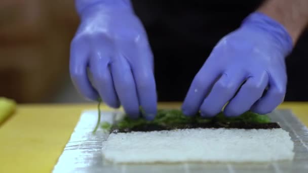 料理人は 海苔とムール貝で寿司ロールを準備しようとしています 寿司飯や海苔に具材をかけ 転がしマットで転がし始めます 背景がぼけている — ストック動画