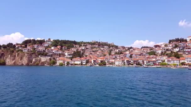 Beautiful View Ancient Ohrid City Buildings Harbor Boat Water Perspective — Video Stock