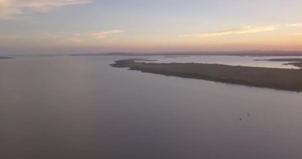 Aerial Drone River Turning Camer Sunset Brazil Porto Alegre April — Stock Video