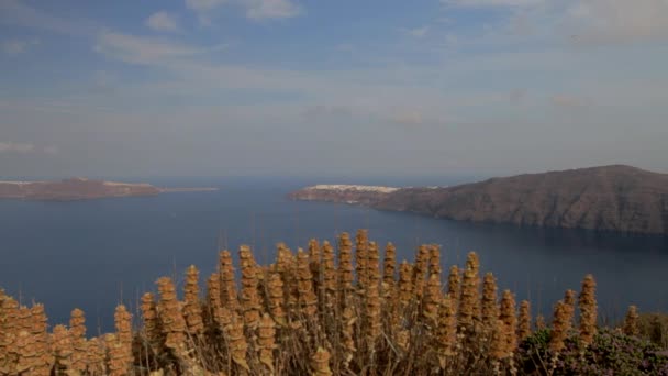 Majestatyczny Pejzaż Morski Santorini Grecja Wioską Oia Zbudowany Skraju Klifów — Wideo stockowe