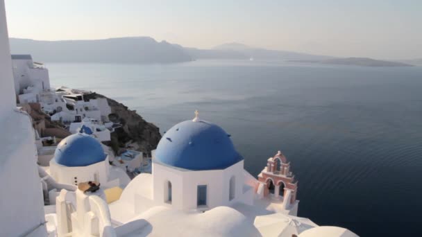 Picturesque View Blue Church Domes Oia Santorini Overlooking Majestic Seascape — Stock Video