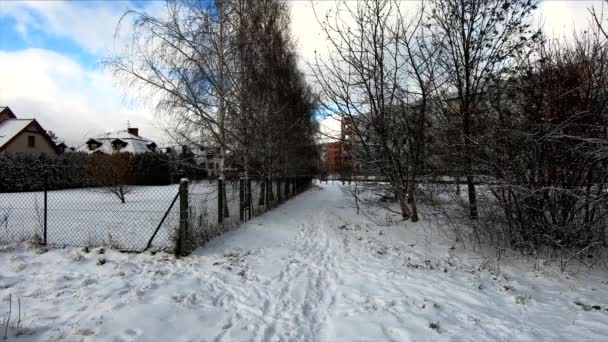 Περπατώντας Στο Χιόνι Σκεπασμένο Πίσω Δρομάκι Των Προαστίων Μιας Πόλης — Αρχείο Βίντεο