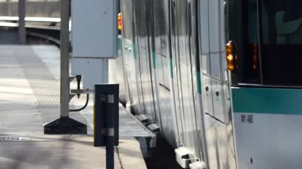 Modern White Green Tram Going Out Station — Vídeos de Stock