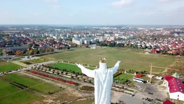 Drone View Christ King Statue Swiebodzin Poland Europe Pullback Shot — Stock videók