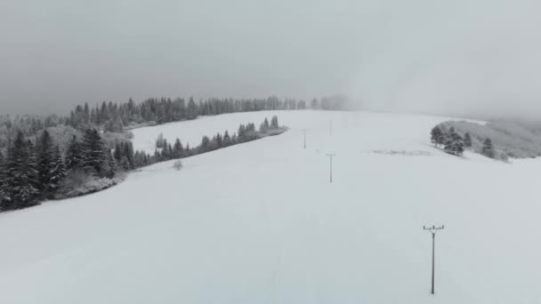 Aérea Estabelecendo Tiro Sobre Neve Paisagem Coberta Com Linhas Energia — Vídeo de Stock