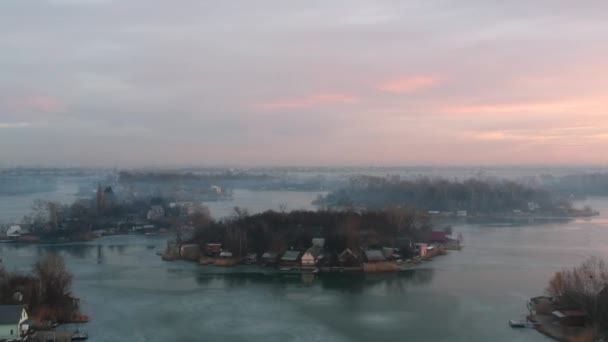 Sunrise Icey Lake Small Islands Winter Drone Footage Recorded Dji — Vídeo de Stock