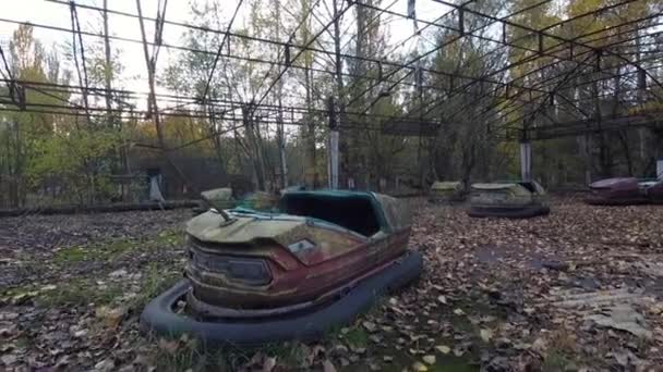 Chernobyl Derelict Bumper Cars Amusement Park Pripyat Ukraine — Stock Video