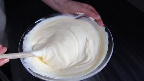 Woman Chief Mixing Mass Dough Wooden Spoon Close Shoot — Vídeo de stock