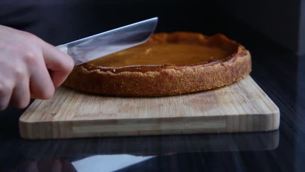 Cutting Slice Cheesecake Close Shoot — Stockvideo