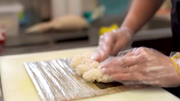 Cook Places Big Ball Sushi Rice Nori Tries Press Form — Stock Video