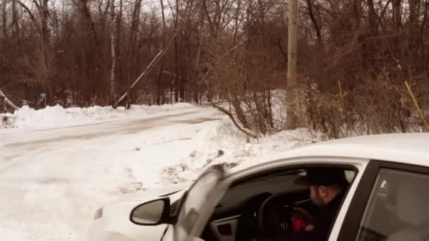 Man Getting Out Car Rural Forest Road — Stockvideo