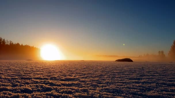 Stunning Timelapse Showing Golden Sunset Foggy Frozen Lake Winter Mist — Stock video