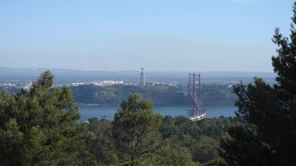 Lisbon View April Bridge Christ King Back — Vídeos de Stock