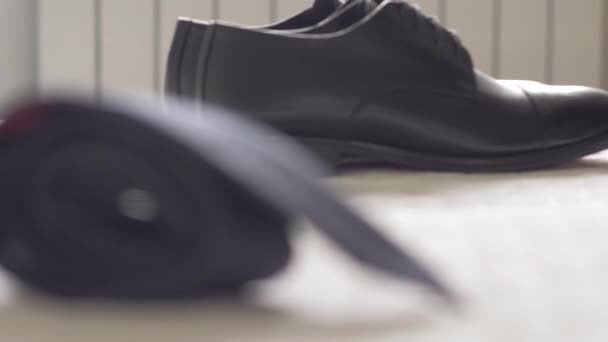 Elegant Shoes Necktie Bed Wedding — Video Stock