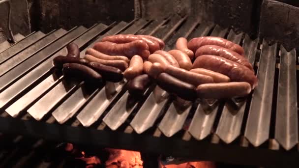 Sausages Being Fried Brick Barbecue Grill Night Wide Shot — Stock Video