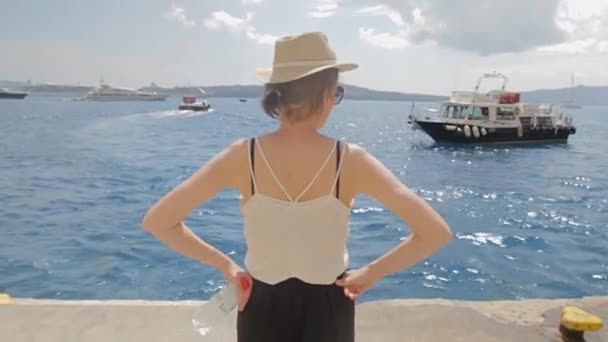 Woman Looking Small Boats Yachts Small Greek Sea Port — Stock Video