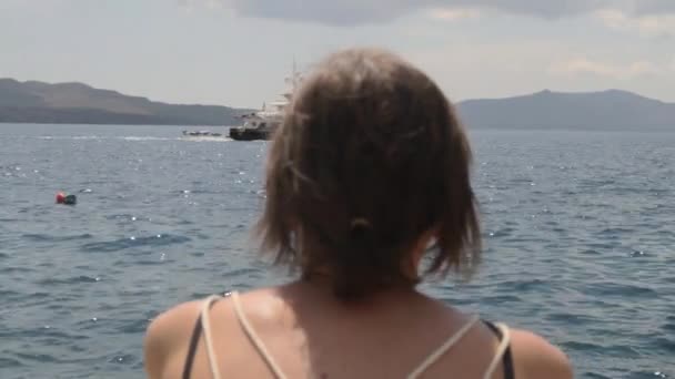 Woman Looking Boats Yachts Cruise Ships Small Greek Sea Port — Vídeos de Stock