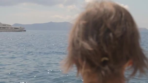 Woman Watching Yachts Small Greek Sea Port — стоковое видео