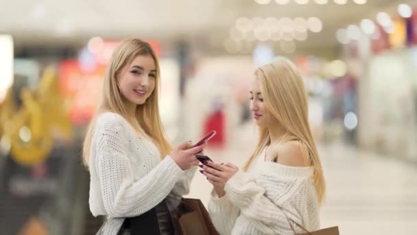 Two Girls Shopping Center Well Groomed Have Blonde Hair Girl — Vídeo de Stock