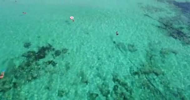 Aerial Shot Tourists Bathing Sandy Beach Camera Tilts Blue Sea — Vídeo de stock